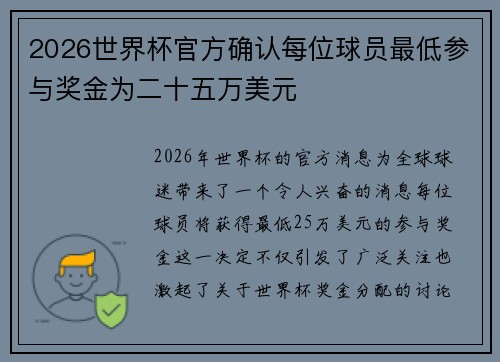 2026世界杯官方确认每位球员最低参与奖金为二十五万美元 2026世界杯官方确认每位球员最低参与奖金为二十五万美元