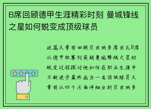 B席回顾德甲生涯精彩时刻 曼城锋线之星如何蜕变成顶级球员