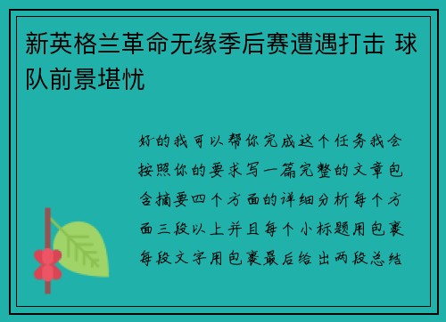 新英格兰革命无缘季后赛遭遇打击 球队前景堪忧