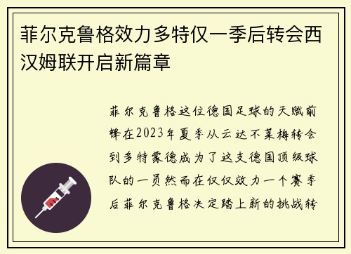 菲尔克鲁格效力多特仅一季后转会西汉姆联开启新篇章
