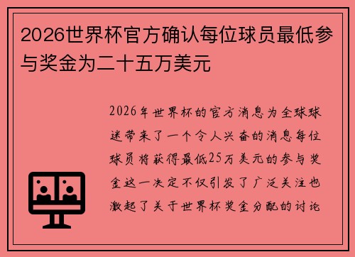 2026世界杯官方确认每位球员最低参与奖金为二十五万美元
