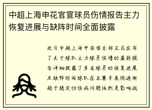 中超上海申花官宣球员伤情报告主力恢复进展与缺阵时间全面披露